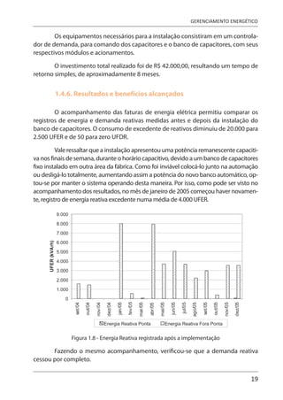19
GERENCIAMENTO ENERGÉTICO
Os equipamentos necessários para a instalação consistiram em um controla-
dor de demanda, para comando dos capacitores e o banco de capacitores, com seus
respectivos módulos e acionamentos.
O investimento total realizado foi de R$ 42.000,00, resultando um tempo de
retorno simples, de aproximadamente 8 meses.
1.4.6. Resultados e benefícios alcançados
O acompanhamento das faturas de energia elétrica permitiu comparar os
registros de energia e demanda reativas medidas antes e depois da instalação do
banco de capacitores. O consumo de excedente de reativos diminuiu de 20.000 para
2.500 UFER e de 50 para zero UFDR.
Vale ressaltar que a instalação apresentou uma potência remanescente capaciti-
va nos finais de semana, durante o horário capacitivo, devido a um banco de capacitores
fixo instalado em outra área da fábrica. Como foi inviável colocá-lo junto na automação
ou desligá-lo totalmente, aumentando assim a potência do novo banco automático, op-
tou-se por manter o sistema operando desta maneira. Por isso, como pode ser visto no
acompanhamento dos resultados, no mês de janeiro de 2005 começou haver novamen-
te, registro de energia reativa excedente numa média de 4.000 UFER.
Figura 1.8 - Energia Reativa registrada após a implementação
Fazendo o mesmo acompanhamento, verificou-se que a demanda reativa
cessou por completo.
 