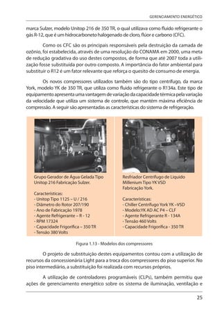25
GERENCIAMENTO ENERGÉTICO
marca Sulzer, modelo Unitop 216 de 350 TR, o qual utilizava como fluido refrigerante o
gás R-12, que é um hidrocarboneto halogenado de cloro, flúor e carbono (CFC).
Como os CFC são os principais responsáveis pela destruição da camada de
ozônio, foi estabelecida, através de uma resolução do CONAMA em 2000, uma meta
de redução gradativa do uso destes compostos, de forma que até 2007 toda a utili-
zação fosse substituída por outro composto. A importância do fator ambiental para
substituir o R12 é um fator relevante que reforça o quesito de consumo de energia.
Os novos compressores utilizados também são do tipo centrífugo, da marca
York, modelo YK de 350 TR, que utiliza como fluido refrigerante o R134a. Este tipo de
equipamentoapresentaumavantagemdevariaçãodacapacidadetérmicapelavariação
da velocidade que utiliza um sistema de controle, que mantém máxima eficiência de
compressão. A seguir são apresentadas as características do sistema de refrigeração.
Grupo Gerador de Água Gelada Tipo
Unitop 216 Fabricação Sulzer.
Características:
- Unitop Tipo 1125 – U / 216
- Diâmetro do Rotor 207/190
- Ano de Fabricação 1978
- Agente Refrigerante – R - 12
- RPM 17324
- Capacidade Frigorífica – 350 TR
- Tensão 380 Volts
Resfriador Centrífugo de Liquido
Millenium Tipo YK VSD
Fabricação York.
Características:
- Chiller Centrífugo York YK –VSD
- Modelo:YK AD AC P4 – CLF
- Agente Refrigerante R - 134A
- Tensão 460 Volts
- Capacidade Frigorífica - 350 TR
Figura 1.13 - Modelos dos compressores
O projeto de substituição destes equipamentos contou com a utilização de
recursos da concessionária Light para a troca dos compressores do piso superior. No
piso intermediário, a substituição foi realizada com recursos próprios.
A utilização de controladores programáveis (CLPs), também permitiu que
ações de gerenciamento energético sobre os sistema de iluminação, ventilação e
 
