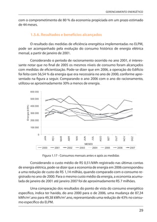 29
GERENCIAMENTO ENERGÉTICO
com o comprometimento de 80 % da economia propiciada em um prazo estimado
de 44 meses.
1.5.6. Resultados e benefícios alcançados
O resultado das medidas de eficiência energética implementadas no ELPM,
pode ser acompanhado pela evolução do consumo histórico de energia elétrica
mensal, a partir de janeiro de 2001.
Considerando o período de racionamento ocorrido no ano 2001, é interes-
sante notar que no final de 2005 os mesmos níveis de consumo foram alcançados
com medidas de eficientização. Pode-se dizer que em 2006, a operação do Edifício
foi feita com 56,54 % da energia que era necessária no ano de 2000, conforme apre-
sentado na figura a seguir. Comparando o ano 2006 com o ano do racionamento,
utilizou-se aproximadamente 30% a menos de energia.
Figura 1.17 - Consumos mensais antes e após as medidas
Considerando o custo médio de R$ 0,51/kWh registrado nas últimas contas
de energia elétrica, pode-se dizer que a economia de energia em 2006 correspondeu
a uma redução de custo de R$ 1,14 milhão, quando comparado com o consumo re-
gistrado no ano de 2000. Para o mesmo custo médio da energia, a economia acumu-
lada de janeiro de 2001 até janeiro 2007 foi de aproximadamente R$ 7 milhões.
Uma comparação dos resultados do ponto de vista do consumo energético
específico, indica ter havido, do ano 2000 para o de 2006, uma mudança de 87,34
kWh/m2
.ano para 49,38 kWh/m2
.ano, representando uma redução de 43% no consu-
mo específico do ELPM.
 
