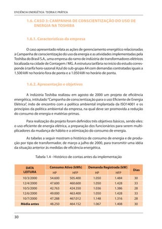 30
EFICIÊNCIA ENERGÉTICA: TEORIA E PRÁTICA
1.6. CASO 3: CAMPANHA DE CONSCIENTIZAÇÃO DO USO DE
ENERGIA NA TOSHIBA
1.6.1. Características da empresa
O caso apresentado relata as ações de gerenciamento energético relacionadas
à Campanha de conscientização do uso da energia e as atividades implementadas pela
Toshiba do Brasil S.A., uma empresa do ramo de indústria de transformadores elétricos
localizada na cidade de Contagem / MG. A estrutura tarifária no início do estudo corres-
ponde à tarifa horo-sazonal Azul do sub-grupo A4 com demandas contratadas iguais a
1.500 kW no horário fora de ponta e a 1.050 kW no horário de ponta.
1.6.2. Apresentação e objetivos
A indústria Toshiba realizou em agosto de 2000 um projeto de eficiência
energética, intitulado“Campanha de conscientização para o uso Eficiente de Energia
Elétrica”, indo de encontro com a política ambiental implantada da ISO14001 e os
princípios da política ambiental da empresa, na qual deve ser promovida a redução
do consumo de energia e matérias-primas.
Para realização do projeto foram definidos três objetivos básicos, sendo eles:
o uso eficiente de energia elétrica, a preparação dos funcionários para serem multi-
plicadores da mudança de hábito e a otimização do consumo de energia.
As tabelas a seguir mostram o histórico de consumo de energia e de produ-
ção por tipo de transformador, de março a julho de 2000, para transmitir uma idéia
da situação anterior às medidas de eficiência energética.
Tabela 1.4 - Histórico de contas antes da implementação
DATA
LEITURA
Consumo Ativo (kWh) Demanda Registrada (kW)
Dias
HP HFP HP HFP
10/3/2000 54.600 505.400 1.050 1.484 30
12/4/2000 47.600 460.600 1.050 1.428 33
10/5/2000 42.763 424.350 1.036 1.386 28
12/6/2000 49.000 463.400 1.050 1.428 33
10/7/2000 47.288 467.012 1.148 1.316 28
Média antes 48.250 464.152 1.067 1.408 30
 