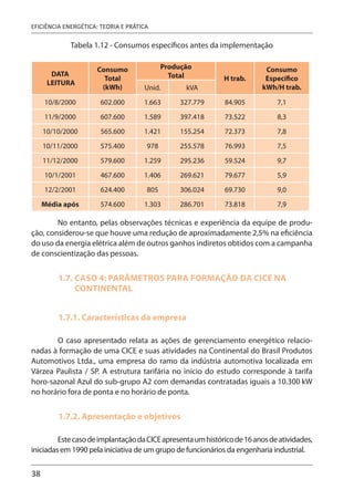 38
EFICIÊNCIA ENERGÉTICA: TEORIA E PRÁTICA
Tabela 1.12 - Consumos específicos antes da implementação
DATA
LEITURA
Consumo
Total
(kWh)
Produção
Total H trab.
Consumo
Específico
kWh/H trab.
Unid. kVA
10/8/2000 602.000 1.663 327.779 84.905 7,1
11/9/2000 607.600 1.589 397.418 73.522 8,3
10/10/2000 565.600 1.421 155.254 72.373 7,8
10/11/2000 575.400 978 255.578 76.993 7,5
11/12/2000 579.600 1.259 295.236 59.524 9,7
10/1/2001 467.600 1.406 269.621 79.677 5,9
12/2/2001 624.400 805 306.024 69.730 9,0
Média após 574.600 1.303 286.701 73.818 7,9
No entanto, pelas observações técnicas e experiência da equipe de produ-
ção, considerou-se que houve uma redução de aproximadamente 2,5% na eficiência
do uso da energia elétrica além de outros ganhos indiretos obtidos com a campanha
de conscientização das pessoas.
1.7. CASO 4: PARÂMETROS PARA FORMAÇÃO DA CICE NA
CONTINENTAL
1.7.1. Características da empresa
O caso apresentado relata as ações de gerenciamento energético relacio-
nadas à formação de uma CICE e suas atividades na Continental do Brasil Produtos
Automotivos Ltda., uma empresa do ramo da indústria automotiva localizada em
Várzea Paulista / SP. A estrutura tarifária no início do estudo corresponde à tarifa
horo-sazonal Azul do sub-grupo A2 com demandas contratadas iguais a 10.300 kW
no horário fora de ponta e no horário de ponta.
1.7.2. Apresentação e objetivos
EstecasodeimplantaçãodaCICEapresentaumhistóricode16anosdeatividades,
iniciadas em 1990 pela iniciativa de um grupo de funcionários da engenharia industrial.
 