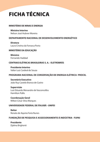 MINISTÉRIO DE MINAS E ENERGIA
Ministro Interino
Nelson José Hubner Moreira
DEPARTAMENTO NACIONAL DE DESENVOLVIMENTO ENERGÉTICO
Diretora
Laura Cristina da Fonseca Porto
MINISTÉRIO DA EDUCAÇÃO
Ministro
Fernando Haddad
CENTRAIS ELÉTRICAS BRASILEIRAS S. A. - ELETROBRÁS
Presidente Interino
Valter Luiz Cardeal de Souza
PROGRAMA NACIONAL DE CONSERVAÇÃO DE ENERGIA ELÉTRICA- PROCEL
Secretário Executivo
João Ruy Castelo Branco de Castro
Supervisão
Luiz Eduardo Menandro de Vasconcellos
Hamilton Pollis
Coordenação Geral
Milton César Silva Marques
UNIVERSIDADE FEDERAL DE ITAJUBÁ - UNIFEI
Reitor
Renato de Aquino Faria Nunes
FUNDAÇÃO DE PESQUISA E ASSESSORAMENTO À INDÚSTRIA - FUPAI
Presidente
Djalma Brighenti
FICHA TÉCNICA
 