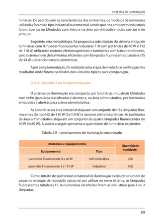 69
SISTEMAS DE ILUMINAÇÃO
minárias. De acordo com as características dos ambientes, os modelos de luminárias
utilizadas foram do tipo industrial ou comercial, sendo que nos ambientes industriais
foram abertas ou blindadas com vidro e na área administrativa todas abertas e de
embutir.
Seguindo esta metodologia, foi proposta a substituição do sistema antigo de
luminárias com lâmpadas fluorescentes tubulares T10 com potências de 40 W e T12
de 110 W, utilizando reatores eletromagnéticos e luminárias com baixo rendimento,
pelo sistema novo de luminárias eficientes com lâmpadas fluorescentes tubulares T5
de 54 W utilizando reatores eletrônicos.
Após a implementação, foi realizada uma etapa de medição e verificação dos
resultados onde foram escolhidos dois circuitos típicos para comparação.
2.5.4. Detalhes da implementação
O sistema de iluminação era composto por luminárias industriais blindadas
com vidro (para área classificada) e abertas e, na área administrativa, por luminárias
embutidas e abertas para a área administrativa.
As luminárias da área industrial alojavam um conjunto de três lâmpadas fluo-
rescentes do tipo HO de 110 W (3x110 W) e reatores eletromagnéticos. As luminárias
da área administrativa alojavam um conjunto de quatro lâmpadas fluorescentes de
40 W (4x40 W). A tabela a seguir apresenta a quantidade de luminárias existentes.
Tabela 2.9 - Levantamento de iluminação encontrado
Materiais e Equipamentos
Quantidade
(unidade)
Equipamento Tipo
Luminária Fluorescente 4 x 40 W Administrativa 266
Luminária Fluorescente 3 x 110 W Industrial 568
Com o intuito de padronizar o material de iluminação e reduzir o número de
peças no estoque de reposição optou-se por utilizar no novo sistema, as lâmpadas
fluorescentes tubulares T5. As luminárias escolhidas foram as industriais para 1 ou 2
lâmpadas.
 