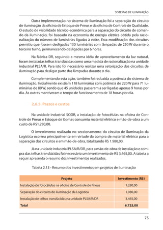 75
SISTEMAS DE ILUMINAÇÃO
Outra implementação no sistema de iluminação foi a separação do circuito
de iluminação da oficina de Estoque de Pneus e da oficina de Controle de Qualidade.
O estudo de viabilidade técnico-econômica para a separação do circuito de coman-
do da iluminação, foi baseado na economia de energia elétrica obtida pela racio-
nalização do número de luminárias ligadas à noite. Esta modificação dos circuitos
permitiu que fossem desligadas 130 luminárias com lâmpadas de 250 W durante o
terceiro turno, permanecendo desligadas por 6 horas.
Na fábrica DR, seguindo a mesma idéia de aproveitamento da luz natural,
foram instaladas telhas translúcidas como uma medida de racionalização na unidade
industrial PLSA/R. Para isto foi necessário realizar uma setorização dos circuitos de
iluminação para desligar parte das lâmpadas durante o dia.
Complementando esta ação, também foi reduzida a potência do sistema de
iluminação. Inicialmente existiam 118 luminárias com potência de 220 W para 71 lu-
minárias de 80 W, sendo que 45 unidades passaram a ser ligadas apenas 9 horas por
dia. As outras mantiveram o tempo de funcionamento de 18 horas por dia.
2.6.5. Prazos e custos
Na unidade industrial SODR, a instalação de fotocélulas na oficina de Con-
trole de Pneus e Estoque de Gomas consumiu material elétrico e mão-de-obra a um
custo de R$1.280,00.
O investimento realizado no seccionamento do circuito de iluminação da
Logística ocorreu principalmente em virtude da compra de material elétrico para a
separação dos circuitos e em mão-de-obra, totalizando R$ 1.980,00.
Já na unidade industrial PLSA/R/DR, para a mão-de-obra de instalação e com-
pra das telhas translúcidas foi necessário um investimento de R$ 3.465,00. A tabela a
seguir apresenta o resumo dos investimentos realizados.
Tabela 2.13 - Resumo dos investimentos em projetos de iluminação
Projeto Investimento (R$)
Instalação de fotocélulas na oficina de Controle de Pneus 1.280,00
Separação do circuito de iluminação da Logística 1.980,00
Instalação de telhas translúcidas na unidade PLSA/R/DR 3.465,00
Total 6.725,00
 