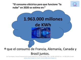 “El consumo eléctrico para que funcione “la
            nube” en 2020 se estima en:”



                               1.963.000 millones
                                    de KWh



+ que el consumo de Francia, Alemania, Canada y
                                            Brasil juntos.
 Cie Tecnologias. Parque Empresarial de Suevos Mod.2A C.P 15145 Arteixo. Telf.:+ 34 981.169.935 Fax: + 34 981169114 web:
                                www.cietecnologias.es email: comercial@cietecnologias.es
 