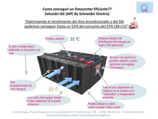 Como conseguir un Datacenter Eficiente??
                            Solución ISX (APC By Schneider Electric)
           “Optimizando el rendimiento del Aire Acondicionado y del SAI
           podemos conseguir hasta un 52% del consumo del CPD (38+15)”




Cie Tecnologias. Parque Empresarial de Suevos Mod.2A C.P 15145 Arteixo. Telf.:+ 34 981.169.935 Fax: + 34 981169114 web:
                               www.cietecnologias.es email: comercial@cietecnologias.es
 