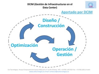 DCIM (Gestión de Infraestructuras en el
                                        Data Center)
                                                                             Aportado por DCIM

                                             Diseño /
                                           Construcción


    Optimización
                                                                Operación /
                                                                 Gestión

Cie Tecnologias. Parque Empresarial de Suevos Mod.2A C.P 15145 Arteixo. Telf.:+ 34 981.169.935 Fax: + 34 981169114 web:
                               www.cietecnologias.es email: comercial@cietecnologias.es
 