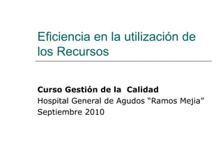 Eficiencia en la utilización de los Recursos  Curso Gestión de la  Calidad   Hospital General de Agudos “Ramos Mejia” Septiembre 2010 