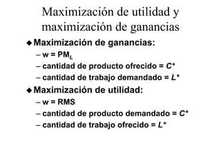 Maximización de utilidad y
 maximización de ganancias
Maximización de ganancias:
– w = PML
– cantidad de producto ofrecido = C*
– cantidad de trabajo demandado = L*
Maximización de utilidad:
– w = RMS
– cantidad de producto demandado = C*
                                    C
– cantidad de trabajo ofrecido = L*
 