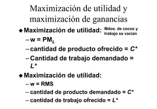 Maximización de utilidad y
  maximización de ganancias
Maximización de utilidad: trabajode cocos y
                          Mdos. d
                          Md
                                  se vacían
– w = PML
– cantidad de producto ofrecido = C*
– Cantidad de trabajo demandado =
  L*
Maximización de utilidad:
– w = RMS
– cantidad de producto demandado = C*
– cantidad de trabajo ofrecido = L*
 