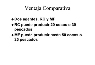 Ventaja Comparativa
Dos agentes, RC y MF
RC puede producir 20 cocos o 30
pescados
MF puede producir hasta 50 cocos o
25 pescados
 