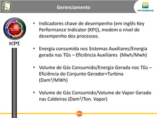Gerenciamento
• Indicadores chave de desempenho (em inglês Key
Performance Indicator (KPI)), medem o nível de
desempenho dos processos.
• Energia consumida nos Sistemas Auxiliares/Energia
gerada nas TGs – Eficiência Auxiliares (Mwh/Mwh)
• Volume de Gás Consumido/Energia Gerada nos TGs –
Eficiência do Conjunto Gerador+Turbina
(Dam3/MWh)
• Volume de Gás Consumido/Volume de Vapor Gerado
nas Caldeiras (Dam3/Ton. Vapor)
 