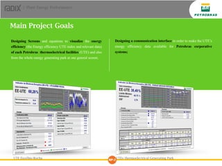 Designing Screens and equations to visualize the energy
efficiency (the Energy efficiency UTE index and relevant data)
of each Petrobras thermoelectrical facilities (UTE) and also
from the whole energy generating park at one general screen;
Designing a communication interface in order to make the UTE’s
energy efficiency data available for Petrobras corporative
systems;
Main Project Goals
UTE Euzébio Rocha UTEs thermoelectrical Generating Park
| Plant Energy Performance
 