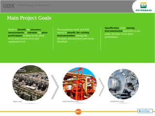 | Plant Energy Performance
Study to identify the necessary
measurements to calculate the plant
performance in three levels: plant
level, units/systems level and
equipment level;
Documentation study and field
survey to identify the existing
instrumentation among the
necessary measurements previously
identified;
Specification of the missing
instrumentation necessary to cal-
culate the three levels plant
performance;
Main Project Goals
 