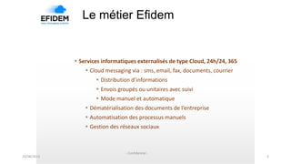 Le métier Efidem
 Services informatiques externalisés de type Cloud, 24h/24, 365
 Cloud messaging via : sms, email, fax, documents, courrier
 Distribution d’informations
 Envois groupés ou unitaires avec suivi
 Mode manuel et automatique
 Dématérialisation des documents de l’entreprise
 Automatisation des processus manuels
 Gestion des réseaux sociaux
29/08/2013
- Confidentiel -
3
 