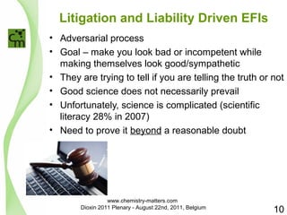 Litigation and Liability Driven EFIs 
• Adversarial process 
• Goal – make you look bad or incompetent while 
making themselves look good/sympathetic 
• They are trying to tell if you are telling the truth or not 
• Good science does not necessarily prevail 
• Unfortunately, science is complicated (scientific 
literacy 28% in 2007) 
• Need to prove it beyond a reasonable doubt 
10 
www.chemistry-matters.com 
Dioxin 2011 Plenary - August 22nd, 2011, Belgium 
 