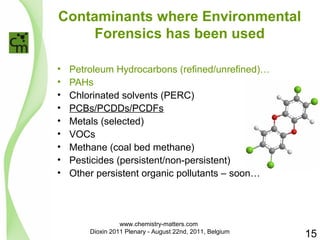 Contaminants where Environmental 
Forensics has been used 
• Petroleum Hydrocarbons (refined/unrefined)… 
• PAHs 
• Chlorinated solvents (PERC) 
• PCBs/PCDDs/PCDFs 
• Metals (selected) 
• VOCs 
• Methane (coal bed methane) 
• Pesticides (persistent/non-persistent) 
• Other persistent organic pollutants – soon… 
15 
www.chemistry-matters.com 
Dioxin 2011 Plenary - August 22nd, 2011, Belgium 
 