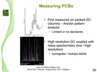 Measuring PCBs 
• First measured on packed GC 
columns – Aroclor pattern 
analysis 
– Limited or no standards 
• High resolution GC coupled with 
mass spectrometry (low / high 
resolution) 
– surrogates / isotope labels 
30 
www.chemistry-matters.com 
Dioxin 2011 Plenary - August 22nd, 2011, Belgium 
 