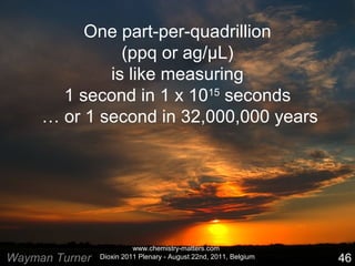 One part-per-quadrillion 
(ppq or ag/μL) 
is like measuring 
1 second in 1 x 1015 seconds 
… or 1 second in 32,000,000 years 
www.chemistry-matters.com 
Wayman Turner Dioxin 2011 Plenary - August 22nd, 2011, Belgium 
46 
 