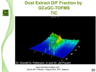 Dust Extract D/F Fraction by 
GCxGC-TOFMS 
TIC 
Dr. Donald G. Patterson, Jr and Dr. Jef Focant 
50 
www.chemistry-matters.com 
Dioxin 2011 Plenary - August 22nd, 2011, Belgium 
 