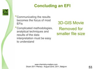 Concluding an EFI 
*Communicating the results 
becomes the focus of most 
EFIs 
*Complicated methodologies, 
analytical techniques and 
results of the data 
interpretation must be easy 
to understand 
53 
3D-GIS Movie 
Removed for 
smaller file size 
www.chemistry-matters.com 
Dioxin 2011 Plenary - August 22nd, 2011, Belgium 
 