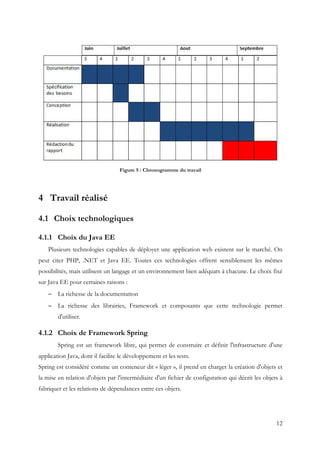 12
Figure 5 : Chronogramme du travail
4 Travail réalisé
4.1 Choix technologiques
4.1.1 Choix du Java EE
Plusieurs technologies capables de déployer une application web existent sur le marché. On
peut citer PHP, .NET et Java EE. Toutes ces technologies offrent sensiblement les mêmes
possibilités, mais utilisent un langage et un environnement bien adéquats à chacune. Le choix fixé
sur Java EE pour certaines raisons :
− La richesse de la documentation
− La richesse des librairies, Framework et composants que cette technologie permet
d'utiliser.
4.1.2 Choix de Framework Spring
Spring est un framework libre, qui permet de construire et définir l'infrastructure d'une
application Java, dont il facilite le développement et les tests.
Spring est considéré comme un conteneur dit « léger », il prend en charger la création d'objets et
la mise en relation d'objets par l'intermédiaire d'un fichier de configuration qui décrit les objets à
fabriquer et les relations de dépendances entre ces objets.
 