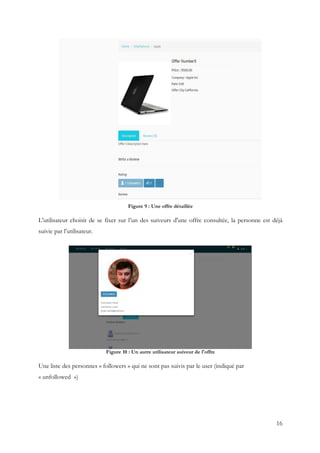 16
Figure 9 : Une offre détaillée
L'utilisateur choisit de se fixer sur l’un des suiveurs d'une offre consultée, la personne est déjà
suivie par l’utilisateur.
Figure 10 : Un autre utilisateur suiveur de l'offre
Une liste des personnes « followers » qui ne sont pas suivis par le user (indiqué par
« unfollowed »)
 