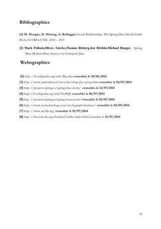 18
Bibliographies
[1] M. Hunger, D. Montag, A. Kollegger, Good Relationships The Spring Data Neo4j Guide
Book 2.0.0.RELEASE, 2010 – 2011
[2] Mark Pollack,Oliver, Gierke,Thomas Risberg,Jon Brisbin,Michael Hunger, Spring
Data Modern Data Accesss for Entreprise Java
Webographies
[1] http ://fr.wikipedia.org/wiki/Big-data consultée le 30/06/2014
[2] http ://www.jmdoudoux.fr/java/dej/chap-j2ee-javaee.htm consultée le 02/07/2014
[3] http ://projects.spring.io/spring-data-neo4j/ consultée le 12/07/2014
[4] http://fr.wikipedia.org/wiki/NoSQL consultée le 06/07/2014
[5] http ://projects.spring.io/spring-framework/ consultée le 03/07/2014
[6] http ://www.neotechnology.com/neo4j-graph-database/ consultée le 04/09/2014
[7] http ://www.neo4j.org/ consultée le 05/07/2014
[8] http ://docs.neo4j.org/chunked/stable/index.html consultée le 15/07/2014
 