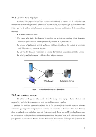 9
2.4.1 Architecture physique
L'architecture physique (également nommée architecture technique) décrit l'ensemble des
composants matériels supportant l'application. Pour le nôtre, nous avons opté pour l'architecture
3-tiers qui vise à faciliter le déploiement, la maintenance ainsi une amélioration de la sécurité des
données.
Ces trois composants sont :
− Un client, c'est-à-dire l'ordinateur demandeur de ressources, équipée d'une interface
utilisateur (généralement un navigateur web) chargée de la présentation.
− Le serveur d'application (appelé également middleware). chargé de fournir la ressource
mais faisant appel à un autre serveur.
− Le serveur des données, fournissant au serveur d'application les données dont il a besoin.
Le principe de l'architecture est illustré dans la figure suivante :
Figure 2 : Architecture physique de l'application
2.4.2 Architecture logique
L'architecture logique est la manière dont les composants logiques d'une solution sont
organisés et intégrés. Nous avons opté pour une architecture en couches.
Le principe des couches applicatives repose sur le fait que chaque couche ne traite de manière
autonome qu'une partie bien précise du système, un ensemble de fonctionnalités bien définies
dans un cadre de responsabilités restreint. Cela contribue à diviser un problème global complexe
en une suite de petits problèmes simples et permet une résolution plus facile, plus structurée et
plus pérenne de l'ensemble. Ainsi la couche d'accès aux données sera en charge des opérations de
 