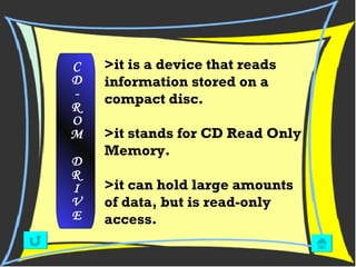 >it is a device that reads information stored on a compact disc.  >it stands for CD Read Only Memory.  >it can hold large amounts of data, but is read-only access. C D - R O M D R I V E 