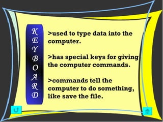 >used to type data into the computer. >has special keys for giving the computer commands. >commands tell the computer to do something, like save the file.   K E Y B O A R D 