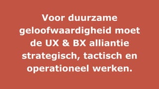UX
Gebruiker centraal
Productwaarde
Aantrekkelijk
Gebruiken
BX
Klant centraal
Merkwaarde
Onderscheidend
Verbonden
Experience
Design
Creative thinking
Producten & diensten Merk & marketing
 