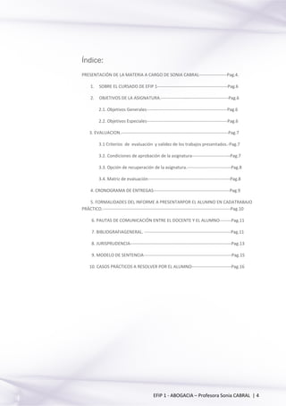 Índice:
PRESENTACIÓN DE LA MATERIA A CARGO DE SONIA CABRAL-------------------Pag.4.
1. SOBRE EL CURSADO DE EFIP 1------------------------------------------------Pag.6
2. OBJETIVOS DE LA ASIGNATURA.----------------------------------------------Pag.6
2.1. Objetivos Generales-------------------------------------------------------Pag.6
2.2. Objetivos Especiales-------------------------------------------------------Pag.6
3. EVALUACION.-------------------------------------------------------------------------Pag.7
3.1 Criterios de evaluación y validez de los trabajos presentados.-Pag.7
3.2. Condiciones de aprobación de la asignatura--------------------------Pag.7
3.3. Opción de recuperación de la asignatura.------------------------------Pag.8
3.4. Matriz de evaluación--------------------------------------------------------Pag.8
4. CRONOGRAMA DE ENTREGAS----------------------------------------------------Pag.9
5. FORMALIDADES DEL INFORME A PRESENTARPOR EL ALUMNO EN CADATRABAJO
PRÁCTICO.---------------------------------------------------------------------------------------Pag.10
6. PAUTAS DE COMUNICACIÓN ENTRE EL DOCENTE Y EL ALUMNO--------Pag.11
7. BIBLIOGRAFIAGENERAL. -----------------------------------------------------------Pag.11
8. JURISPRUDENCIA---------------------------------------------------------------------Pag.13
9. MODELO DE SENTENCIA------------------------------------------------------------Pag.15
10. CASOS PRÁCTICOS A RESOLVER POR EL ALUMNO---------------------------Pag.16
EFIP 1 - ABOGACIA – Profesora Sonia CABRAL | 4
 