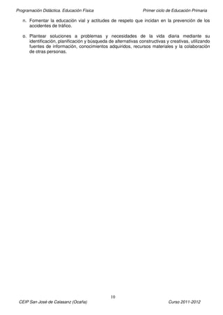Programación Didáctica. Educación Física Primer ciclo de Educación Primaria
10
CEIP San José de Calasanz (Ocaña) Curso 2011-2012
n. Fomentar la educación vial y actitudes de respeto que incidan en la prevención de los
accidentes de tráfico.
o. Plantear soluciones a problemas y necesidades de la vida diaria mediante su
identificación, planificación y búsqueda de alternativas constructivas y creativas, utilizando
fuentes de información, conocimientos adquiridos, recursos materiales y la colaboración
de otras personas.
 