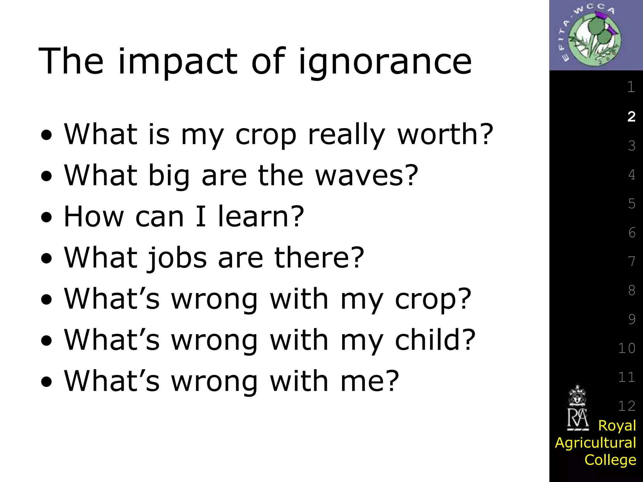 The impact of ignorance
• What is my crop really worth?
• What big are the waves?
• How can I learn?
• What jobs are there?
• What’s wrong with my crop?
• What’s wrong with my child?
• What’s wrong with me?

1
2
3
4
5

6
7
8
9

10
11
12
Royal
Agricultural
College

 