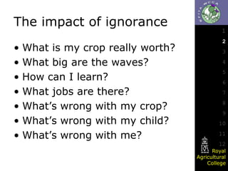 The impact of ignorance
• What is my crop really worth?
• What big are the waves?
• How can I learn?
• What jobs are there?
• What’s wrong with my crop?
• What’s wrong with my child?
• What’s wrong with me?

1
2
3
4
5

6
7
8
9

10
11
12
Royal
Agricultural
College

 