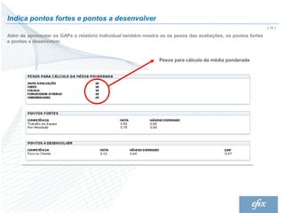 Indica pontos fortes e pontos a desenvolver
                                                                                                               | 16 |

Além de apresentar os GAPs o relatório Individual também mostra os os pesos das avaliações, os pontos fortes
e pontos a desenvolver.


                                                                Pesos para cálculo da média ponderada
 