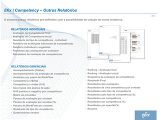 Efix | Competency – Outros Relatórios
                                                                                                               | 23 |
O sistema possui relatórios pré-definidos com a possibildiade de criação de novos relatórios.


     RELATÓRIOS INDIVIDUAIS
     •   Avaliação de Competência Final
     •   Avaliação de Competência Inicial
     •   Quadrante de tipo de competência - individual
     •   Relatório de avaliações adicionais de competências
     •   Relatório individual e sugestões
     •   Resultado das avaliações por avaliador
     •   Resultados da avaliação de competências




     RELATÓRIOS GERENCIAIS
     •   Acompanhamento (Status)                               •   Ranking - Avaliação final
     •   Acompanhamento da avaliação de competência            •   Ranking - Avaliação inicial
     •   Avaliados por passo do WorkFlow                       •   Respostas da avaliação de competência
     •   Competência x Metas                                   •   Resultado Final
     •   Competência x metas (3x3)                             •   Resultados das avaliações
     •   Descrições dos planos de ação                         •   Resultados de uma competência por unidade
     •   GAP positivo e negativo por competência               •   Resultados pelo tipo de competência
     •   Matriz de prontidão                                   •   Resultados pelo tipo de competência (%)
     •   Passos da avaliação por unidade                       •   Resultados por competência
     •   Passos da avaliação por unidade (%)                   •   Resultados por competência (%)
     •   Passos do WorkFlow por unidade                        •   Resultados por questão(%)
     •   Quadrante de tipo de competência                      •   Resumo
     •   Questionários usados
 