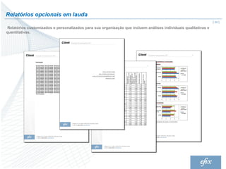 Relatórios opcionais em lauda
                                                                                                                 | 24 |
 Relatórios customizados e personalizados para sua organização que incluem análises individuais qualitativas e
quantitativas.
 