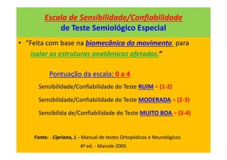 Escala de Sensibilidade/Confiabilidade
de Teste Semiológico Especial
• “Feita com base na biomecânica do movimento para
isolar as estruturas anatômicas afetadas.”
Pontuação da escala: 0 a 4
Sensibilidade/Confiabilidade do Teste RUIM = (1-2)
Sensibilidade/Confiabilidade do Teste MODERADA = (2-3)
Sensibilida de/Confiabilidade do Teste MUITO BOA = (3-4)
Fonte: - Cipriano, J. - Manual de testes Ortopédicos e Neurológicos
4ª ed. - Manole 2005
 
