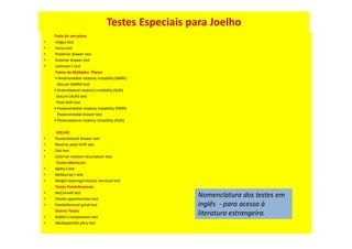 Testes Especiais para Joelho
Teste de um-plano
• Valgus test
• Varus test
• Posterior drawer test
• Anterior drawer test
• Lachman’s test
Testes de Múltiplos Planos
• Anteromedial rotatory instability (AMRI)
Slocum (AMRI) test
• Anterolateral rotatory instability (ALRI)
Slocum (ALRI) test
Pivot shift test
• Posteromedial rotatory instability (PMRI)
Posteromedial drawer test
• Posterolateral rotatory instability (PLRI)
JOELHO
• Posterolateral drawer test
• Reverse pivot shift test
• Dial test
• External rotation recurvatum test
Testes Meniscais
• Apley’s test
• McMurray’s test
• Weight-bearing/rotation meniscal test
Testes Patelofemorais
• McConnell test
• Patella apprehension test
• Patellofemoral grind test
Outros Testes
• Noble’s compression test
• Mediopatellar plica test
Nomenclatura dos testes em
inglês - para acesso à
literatura estrangeira.
 