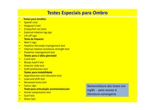 Testes Especiais para Ombro
Testes para tendões
• Speed’s test
• Yergason’s test
• Empty/full can tests
• External rotation lag sign
• Lift-off sign
Teste de Impacto
• Neer’s sign
• Hawkins–Kennedy impingement test
• Internal rotation resistance strength test
• Posterior impingement test
Testes para o lábio glenoidal
• Crank test
• Biceps load II test
• Anterior slide test
• SLAP prehension test
Testes para instabilidade
• Apprehension and relocation test
• Load and shift test
• Norwood stress test
• Sulcus sign
Teste para articulação acromioclavicular
• Active compression test
• Scarf test
• Shear test
Nomenclatura dos testes em
inglês - para acesso à
literatura estrangeira.
 