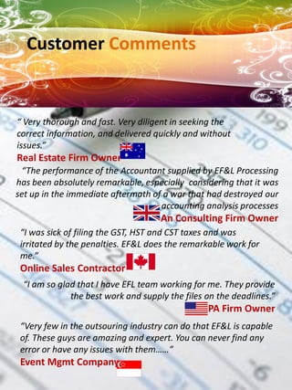 Customer Comments


“ Very thorough and fast. Very diligent in seeking the
correct information, and delivered quickly and without
issues.”
Real Estate Firm Owner
 “The performance of the Accountant supplied by EF&L Processing
has been absolutely remarkable, especially considering that it was
set up in the immediate aftermath of a war that had destroyed our
                                    accounting analysis processes
                                    An Consulting Firm Owner
 “I was sick of filing the GST, HST and CST taxes and was
 irritated by the penalties. EF&L does the remarkable work for
 me.”
 Online Sales Contractor
 “I am so glad that I have EFL team working for me. They provide
             the best work and supply the files on the deadlines.”
                                               CPA Firm Owner
 “Very few in the outsouring industry can do that EF&L is capable
 of. These guys are amazing and expert. You can never find any
 error or have any issues with them……”
 Event Mgmt Company
 