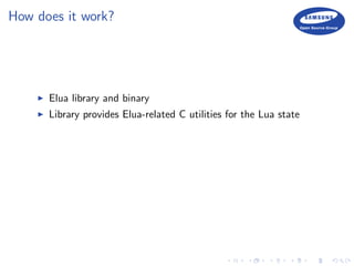 How does it work?
Elua library and binary
Library provides Elua-related C utilities for the Lua state
 