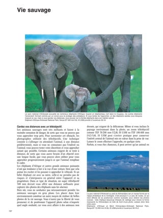 Vie sauvage

Le parc national d'Amboseli accueille de nombreux éléphants d'Afrique. Quand un éléphanteau naît dans le troupeau, les autres éléphants
l'encerclent, formant comme par un convoi pour le protéger des prédateurs. Si vous tentez de l'approcher, un des éléphants adultes vous bloquera
toujours la vue, mais si vous gardez vos distances, vous pouvez voir la famille éléphants dans son habitat naturel.
Eléphant d'Afrique·Amboseli National Park, Kenya·EF 500 mm f/4L IS USM·priorité à l'ouverture AE·f/4

Gardez vos distances avec un téléobjectif.
Les animaux sauvages sont très méfiants et fuient à la
moindre sensation de danger, de sorte que vous ne pouvez pas
vous approcher trop près. Pour surmonter cet obstacle, les
photographes utilisent des téléobjectifs. Une technique
consiste à s'allonger en attendant l'animal, à une distance
prédéterminée, mais si vous ne connaissez pas l'endroit ou
l'animal, vous pouvez tester votre discrétion et vous approcher
autant que possible. Certains animaux exigent de se tenir à
distance, de sorte que vous aurez besoin d'un objectif avec
une longue focale, que vous pouvez alors utiliser pour vous
approcher progressivement jusqu'à ce que l'animal remplisse
le cadre.
Les éléphants d'Afrique et autres grands animaux puissants
n'ont pas tendance à fuir à la vue d'une voiture, bien que cela
puisse les exciter et les pousser à approcher le véhicule. Si un
bébé éléphant est avec sa mère, celle-ci ne prendra pas de
risques et s'interposera en général entre l'appareil et sa
progéniture. Dans ce type de situation, un super téléobjectif
500 mm devrait vous offrir une distance suffisante pour
capturer des photos des éléphants sans les alarmer.
Bien sûr, vous ne souhaitez pas nécessairement prendre les
animaux sauvages en gros plans. Les placer dans leur
environnement constitue un autre moyen de réaliser de belles
photos de la vie sauvage. Vous n'aurez pas la liberté de vous
promener et de positionner l'appareil photo selon n'importe
quel angle souhaité, car vous avez affaire à des animaux non
157

dressés, qui exigent de la délicatesse. Même si vous incluez le
paysage environnant dans la photo, un zoom téléobjectif
comme l'EF 70-200 mm f/2,8L IS USM ou l'EF 100-400 mm
f/4,5-5,6L IS USM peut s'avérer pratique pour conserver
l'intérêt central de l'animal mis en valeur dans la prise de vue.
Laissez le zoom effectuer l'approche, en quelque sorte.
Parfois, si vous êtes chanceux, il peut arriver qu'un animal en

Le parc national d'Amboseli au pied du Kilimandjaro est un marais formé par la
nappe phréatique de la montagne. C'est pourquoi il y a peu de routes, ce qui
rend difficile de se positionner comme souhaité, pour obtenir les photos
voulues. Cela implique beaucoup d'essais de cadrage pour inclure la forme
imposante du Kilimandjaro en toile de fond d'une photo. Laissez donc faire
votre zoom.
Eléphants d'Afrique et Mont Kilimandjaro·Amboseli National Park,
Kenya·EF 70-200 mm f/2,8L IS USM·priorité à l'ouverture AE·f/4,5

 