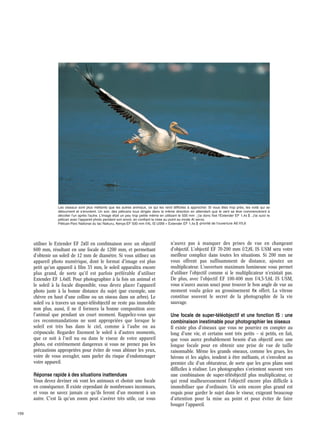 Les oiseaux sont plus méfiants que les autres animaux, ce qui les rend difficiles à approcher. Si vous êtes trop près, les voilà qui se
détournent et s'envolent. Un soir, des pélicans tous dirigés dans la même direction en attendant que le vent se lève commencèrent à
décoller l'un après l'autre. L'image était un peu trop petite même en utilisant le 500 mm ; j'ai donc fixé l'Extender EF 1,4x@. J'ai suivi le
pélican avec l'appareil photo pendant son envol, en confiant la mise au point au mode AI servo.
Pélican·Parc National du lac Nakuru, Kenya·EF 500 mm f/4L IS USM + Extender EF 1,4x@·priorité de l'ouverture AE·f/5,6

utiliser le Extender EF 2xII en combinaison avec un objectif
600 mm, résultant en une focale de 1200 mm, et permettant
d'obtenir un soleil de 12 mm de diamètre. Si vous utilisez un
appareil photo numérique, dont le format d'image est plus
petit qu'un appareil à film 35 mm, le soleil apparaîtra encore
plus grand, de sorte qu'il est parfois préférable d'utiliser
Extender EF 1,4xII. Pour photographier à la fois un animal et
le soleil à la focale disponible, vous devez placer l'appareil
photo juste à la bonne distance du sujet (par exemple, une
chèvre en haut d'une colline ou un oiseau dans un arbre). Le
soleil vu à travers un super-téléobjectif ne reste pas immobile
non plus, aussi, il ne il formera la bonne composition avec
l'animal que pendant un court moment. Rappelez-vous que
ces recommandations ne sont appropriées que lorsque le
soleil est très bas dans le ciel, comme à l'aube ou au
crépuscule. Regarder fixement le soleil à d'autres moments,
que ce soit à l'œil nu ou dans le viseur de votre appareil
photo, est extrêmement dangereux si vous ne prenez pas les
précautions appropriées pour éviter de vous abîmer les yeux,
voire de vous aveugler, sans parler du risque d'endommager
votre appareil.

Réponse rapide à des situations inattendues
Vous devez deviner où vont les animaux et choisir une focale
en conséquence. Il existe cependant de nombreuses inconnues,
et vous ne savez jamais ce qu'ils feront d'un moment à un
autre. C'est là qu'un zoom peut s'avérer très utile, car vous
159

n'aurez pas à manquer des prises de vue en changeant
d'objectif. L'objectif EF 70-200 mm f/2,8L IS USM sera votre
meilleur complice dans toutes les situations. Si 200 mm ne
vous offrent pas suffisamment de distance, ajoutez un
multiplicateur. L'ouverture maximum lumineuse vous permet
d'utiliser l'objectif comme si le multiplicateur n'existait pas.
De plus, avec l'objectif EF 100-400 mm f/4,5-5,6L IS USM,
vous n'aurez aucun souci pour trouver le bon angle de vue au
moment voulu grâce au grossissement 8x offert. La vitesse
constitue souvent le secret de la photographie de la vie
sauvage.

Une focale de super-téléobjectif et une fonction IS : une
combinaison inestimable pour photographier les oiseaux
Il existe plus d'oiseaux que vous ne pourriez en compter au
long d'une vie, et certains sont très petits – si petits, en fait,
que vous aurez probablement besoin d'un objectif avec une
longue focale pour en obtenir une prise de vue de taille
raisonnable. Même les grands oiseaux, comme les grues, les
hérons et les aigles, tendent à être méfiants, et s'envolent au
premier clic d'un obturateur, de sorte que les gros plans sont
difficiles à réaliser. Les photographes s'orientent souvent vers
une combinaison de super-téléobjectif plus multiplicateur, ce
qui rend malheureusement l'objectif encore plus difficile à
immobiliser que d'ordinaire. Un soin encore plus grand est
requis pour garder le sujet dans le viseur, exigeant beaucoup
d'attention pour la mise au point et pour éviter de faire
bouger l'appareil.

 