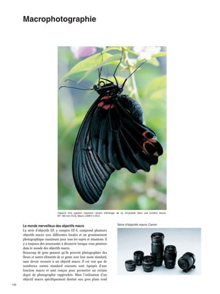 Macrophotographie

Capture d'un papillon machaon venant d'émerger de sa chrysalide dans une lumière douce.
EF 180 mm f/3,5L Macro USM·4 s·f/5,6

Le monde merveilleux des objectifs macro
La série d'objectifs EF, y compris EF-S, comprend plusieurs
objectifs macro avec différentes focales et un grossissement
photographique maximum pour tous les sujets et situations. Il
y a toujours des nouveautés à découvrir lorsque vous pénétrez
dans le monde des objectifs macro.
Beaucoup de gens pensent qu'ils peuvent photographier des
fleurs et autres éléments de ce genre avec leur zoom standard,
sans devoir recourir à un objectif macro. Il est vrai que de
nombreux zooms standard courants sont équipés d'une
fonction macro et sont conçus pour permettre un certain
degré de photographie rapprochée. Mais l'utilisation d'un
objectif macro spécifiquement destiné aux gros plans rend
145

Série d'objectifs macro Canon

 