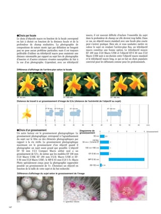 ȜChoix par focale

macro, il est souvent difficile d'inclure l'ensemble du sujet
dans la profondeur de champ car elle devient trop faible. Dans
ce cas, un objectif macro standard avec une focale plus courte
peut s'avérer pratique. Bien sûr, si vous souhaitez mettre en
valeur le sujet en rendant l'arrière-plan flou, un téléobjectif
macro constitue une bonne option. Le téléobjectif moyen
EF 100 mm f/2,8 Macro USM et l'objectif EF-S 60 mm f/2,8
Macro USM sont à mi-chemin entre l'objectif macro standard
et le téléobjectif macro long, ce qui en fait un choix populaire
convivial pour les débutants comme pour les professionnels.

Le choix d'objectifs macro en fonction de la focale correspond
en fait à choisir en fonction de la distance focale et de la
profondeur de champ souhaitées. La photographie de
compositions de nature morte (qui par définition ne bougent
pas) ne pose aucun problème particulier, mais il est toujours
préférable d'utiliser un téléobjectif macro pour maintenir une
distance raisonnable par rapport au sujet lors de photographie
d'insectes et d'autres créatures vivantes susceptibles de fuir à
la vue d'un photographe. Cependant, avec un téléobjectif
Différence d'affichage de l'arrière-plan selon la focale

EF 50 mm

EF 100 mm

EF 180 mm

Distance de travail à un grossissement d'image de 0,5x (distance de l'extrémité de l'objectif au sujet)

EF 50 mm

0

5

EF-S 60 mm

10

15

EF 100 mm

20

25

ȜChoix d'un grossissement

EF 180 mm

30

35

Diagramme de

Un autre facteur est le grossissement photographique. Le grossissement
50 mm
grossissement photographique correspond à l'agrandissement
du sujet sur le film ou des éléments photographiques par
Life-Size
50 mm + Converter EF
rapport à la vie réelle. Le grossissement photographique
maximum est le grossissement d'un objectif quand il
100 mm 180 mm
photographie un sujet aussi grand que possible. L'objectif
EF 50 mm f/2,5 Compact Macro utilisé seul a un
EF-S 60 mm
grossissement de 0,5×, de même que les modèles EF 100 mm
f/2,8 Macro USM, EF 180 mm f/3,5L Macro USM et EFMP-E 65 mm
S 60 mm f/2,8 Macro USM ; le MP-E 65 mm f/2,8 1-5× Macro
Photo spécialement conçu pour la photographie rapprochée
28-135 mm
possède un grossissement de 5×. Choisissez un objectif en
fonction de la taille de votre sujet et du but recherché.

40

45

0

1

2

147

1× (grandeur nature)

55

3

60

4

(cm)

5

(Grossissement)

0,5

1

1

1

5

0,19

Différence d'affichage du sujet selon le grossissement de l'image

0,5×

50

5×

 