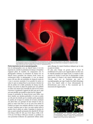En cas de prise de vue en microphotographie à fort grossissement pour capturer le monde mystérieux à cette échelle, vous devez veiller
particulièrement à éviter tout mouvement. Vous pourrez prendre des images nettes sans effet de flou en employant un trépied et un flash
macro. MP-E 65 mm f/2,8 1-5x Macro Photo·1/125 s·f/11 (grossissement 2x)

Points importants lors de la macrophotographie
Lors de photographies avec un objectif macro, il est très
important de contrôler la profondeur de champ et d'empêcher
l'appareil photo de trembler. En comparaison avec la
photographie ordinaire, la profondeur de champ avec un
objectif macro possédant une distance focale courte est
extrêmement faible. La photographie 1:1 avec un objectif
macro 180 mm offre une profondeur de champ de moins de
1 mm à ouverture maximale. Il est possible de mettre en
valeur le sujet en rendant floue la zone devant et derrière lui
afin de profiter de la faible profondeur de champ. Ceci dit,
lorsque vous prenez en photo des produits pour une publicité
et voulez vous assurer que l'ensemble du sujet est net, fermez
l'ouverture et positionnez l'appareil de telle sorte que le sujet
soit aussi parallèle que possible au plan focal de l'appareil.
Lorsque la profondeur de champ devient aussi faible, vous
devez attacher une attention particulière à la mise au point,
car elle peut être décalée par les moindres petits ajustements
de position de la bague de variation de la focale, entraînant
une photo floue. Les principes de base incluent la mise au
point au centre d'une fleur ou sur les yeux d'un animal. Si
l'endroit sur lequel vous souhaitez effectuer la mise au point
est petit, l'autofocus peut se faire à un autre endroit selon la
manière dont la photo est cadrée. Cependant, la fonction de
mise au point manuelle permanente des objectifs EF 100 mm
f/2,8 Macro USM, EF 180 mm f/3,5L Macro USM et EFS 60 mm f/2,8 Macro USM peut résoudre ce problème en
vous permettant d'effectuer des ajustements infimes même

après allumage du voyant d'autofocus indiquant que la mise
au point est réalisée.
De plus, plus l'image est grossie, plus le risque de
tremblement de la main ou de l'appareil photo est élevé avec
les objectifs possédant une longue focale. La manière la plus
courante de calculer le seuil pour la photographie à main
levée consiste à la limiter à une vitesse d'obturation égale à
1/focale, mais ceci ne fonctionne pas pour la
macrophotographie, qui exige l'emploi d'un flash électronique
et/ou d'un trépied solide et d'une télécommande de
déclenchement pour éviter le flou occasionné par le
mouvement de l'appareil photo.

Des tremblements se produisant souvent durant la
macrophotographie, utilisez autant que possible un trépied adapté
à la contre-plongée. Veillez à utiliser une télécommande et
dégagez-la pour ne pas secouer l'appareil photo.

148

 