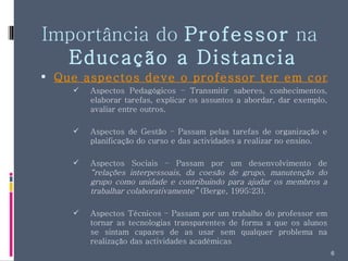 Importância do  Professor  na  Educação a Distancia Que aspectos deve o professor ter em conta? Aspectos Pedagógicos – Transmitir saberes, conhecimentos, elaborar tarefas, explicar os assuntos a abordar, dar exemplo, avaliar entre outros. Aspectos de Gestão – Passam pelas tarefas de organização e planificação do curso e das actividades a realizar no ensino. Aspectos Sociais – Passam por um desenvolvimento de  “relações interpessoais, da coesão de grupo, manutenção do grupo como unidade e contribuindo para ajudar os membros a trabalhar colaborativamente”  (Berge, 1995:23). Aspectos Técnicos – Passam por um trabalho do professor em tornar as tecnologias transparentes de forma a que os alunos se sintam capazes de as usar sem qualquer problema na realização das actividades académicas 